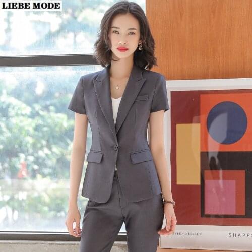 Women Summer Two Piece Suits Office Work Trouser Suit Womens Short Sleeve Blazer with Pants Business Wear Pantsuit Black Grey