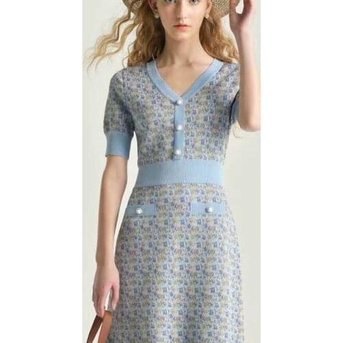 Elegant Nice Color Blue Floral Print One Piece V Neck Knitted Dress Slim Fit High End Top Quanlity Summer Spring Robe Vestido
