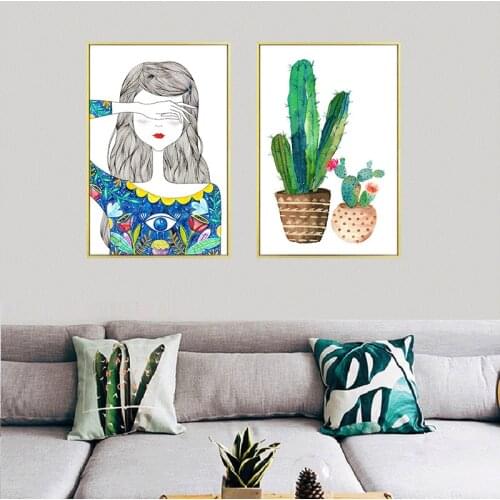 Small Fresh Colorful Hand Painted Plant Cactus Girl Canvas Painting Art Print Poster Picture Wall Nordic Home Decoration