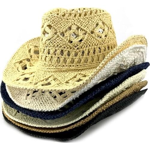 Cowboy Hats Mens Caps Female Panama Hats For Men Womens Summer Hat Western Cowgirl Cross Border Hand Woven Hollow Straw