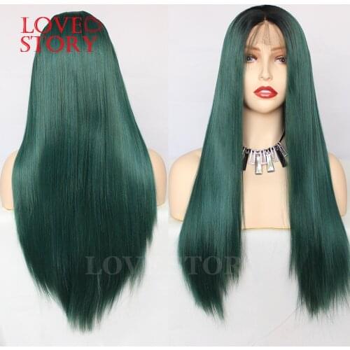 Lovestory Long Straight Synthetic Lace Front Wig Green Ombre Heat Resistant Synthetic Hair Wigs For Women
