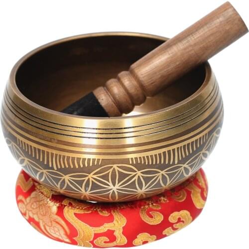Ammoon Bell Metal Singing Bowl Set & Mallet Cushion Flower of Life Pattern Struck Bowl Tibetan Singing Bowl Buddhist Meditation