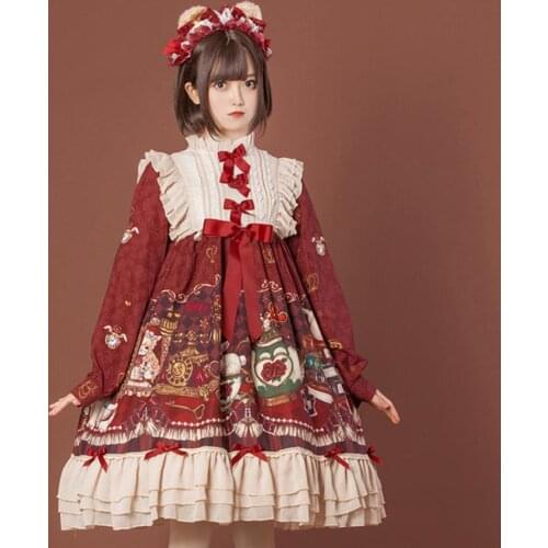 Sweet girls cartoon pattern lolita dress Royal fairy soft sister Princess LOLITA dress female ruffles cute gown dress F1444