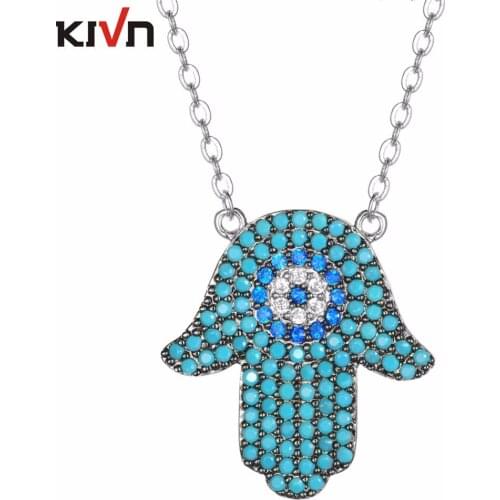 KIVN Fashion Jewelry CZ Cubic Zirconia Hamsa Turkish Blue eye Womens Girls Bridal Wedding Pendant Necklaces Birthday Gifts