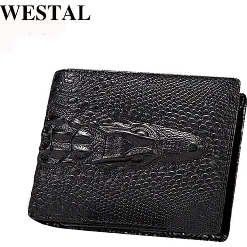 WESTAL crocodile pattern mens wallet genuine leather vintage coin purse money bag card holder design wallet luxury purse 4223