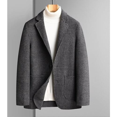 England Style Men Smart Casual Plaid Woolen Blend Blazers Autumn Winter Khaki Navy Blue Gray Checked Pattern Tweed Suit Jackets
