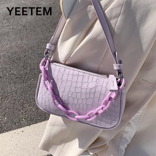 Solid Color Stone Texture Messenger Bag Fashion Trend Pu Soft Shoulder Bag Plastic Chain Decoration Horizontal Womens Bag