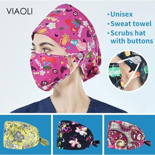 Wholesale price pet grooming hat Scrubs cap/hat Beauty salon working hat accessories 2020 cartoon printing Cotton women work hat