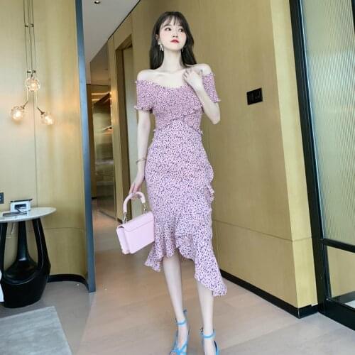 Korean Print Floral Dresses for Women Summer 2020 Slash Neck Sheath Midi Ruffle Dress Ladies Sweet Party Dresses Women Evening