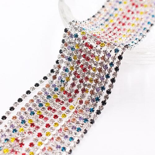 MiX Color Stones Chain 2.5mm Dense Rhinestones Cup Chain 1 Meter Crystals Strass Trim Sewing Rhinestones For Needlework Clothes