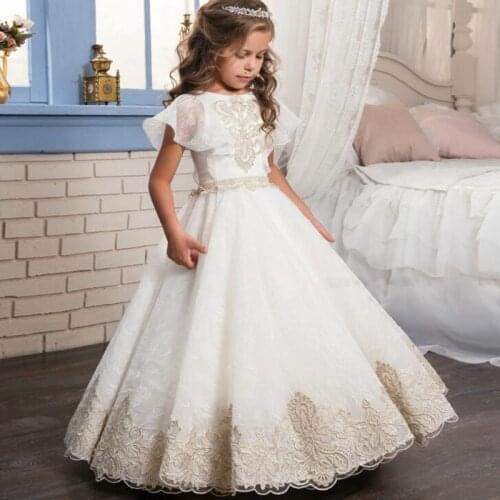 Luxurious Flower Girl Dresses for Wedding Short Sleeves With Golden Lace Applique Party Gowns for Girl First Communion Dresses