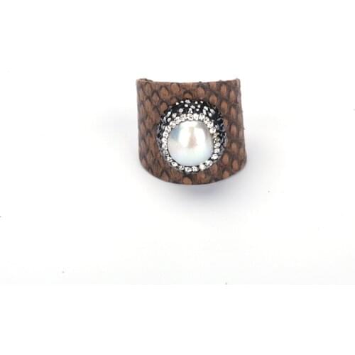 KEJIALAI Luxury Jewelry Natural Freshwater Pearl Pave Rhinestone Charms Brown Real Snake Leather Adjustable Open Ring Cuff Women