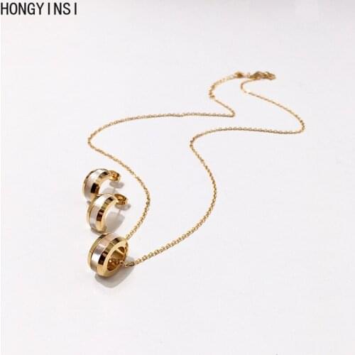 Titanium Steel Brand Design Shell Pearl Stud Earring + Round Circle Collar Necklace Moon Stone Jewelry Set women wedding jewelry