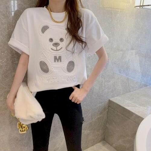 2021 Spring And Summer New Female Korean Version Loose Bear Round Neck Short Sleeve T-shirt Mid-length Graphic Tees Women Tshirt