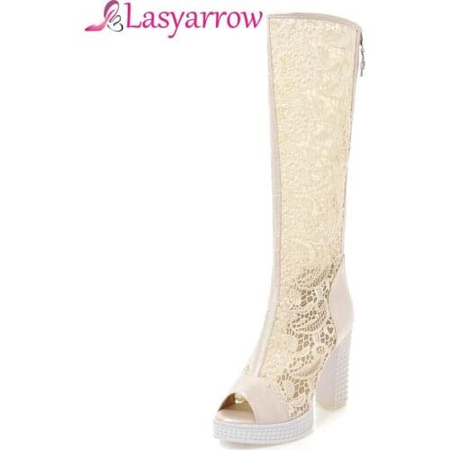 Lasyarrow Knee High Boot Open Toe Woman Sandals Elegant Lace Black White Beige Big Size 33-43 High Thick Heel Zip Breathable F10
