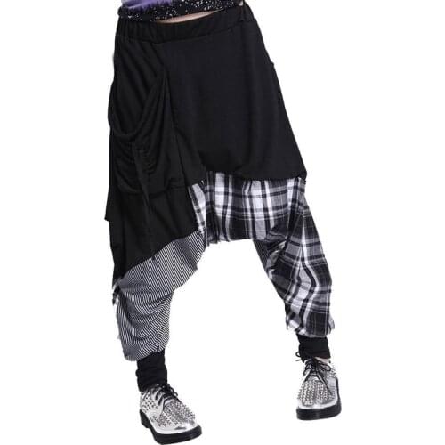 Hip-hop Splice Lattice Womens Sweat Pants Double Bag Harem Baggy Cotton blend-black
