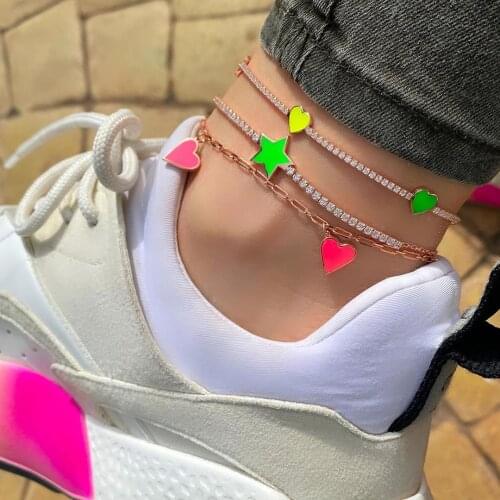 Summer beach leg chain Neon enamel colorful heart chain 2mm cz tennis chain hot women anklet
