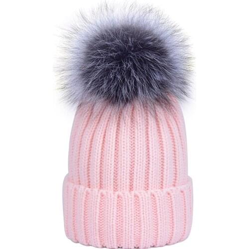Chidrens Real 15cm Fox Raccoon Fur Pom pom Knitted Beanies Caps Winter Kids Boys Girls Casual Skullies Hats Bonnet Homme