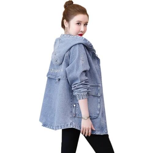 2021 New Denim Spring Autumn Women Windbreakers Jacket Large Size Loose Denim Ladies Trench Coats Hooded Zip Female Outerwear