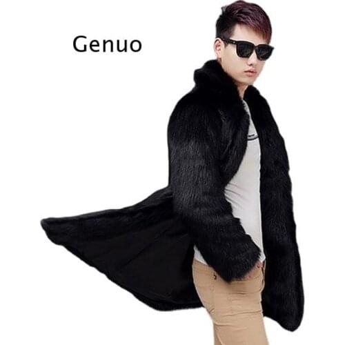 Black/ White Mens Long Section Fake Fur Jackets Large Size Winter Warm Fake Fur Outwears Turn Down Collar Thick Fur Coats