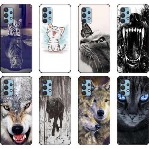 Black tpu Case For Samsung galaxy A32 A42 A52 A72 4g 5g S21 PLUS ultra back cover cat wolf animal