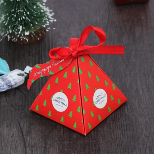 10pcs Christmas Gifts Boxes Santa Claus Snowman Xmas Tree Pyramid Candy Box with Green Red Bow for Winter Holiday Party Supplies