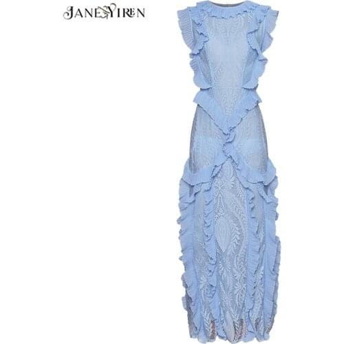 JaneYiren Fashion Designer dress Spring Summer Womens Dress Sleeveless Lace Patchwork Ruffles Elegant Party Slim Dresses