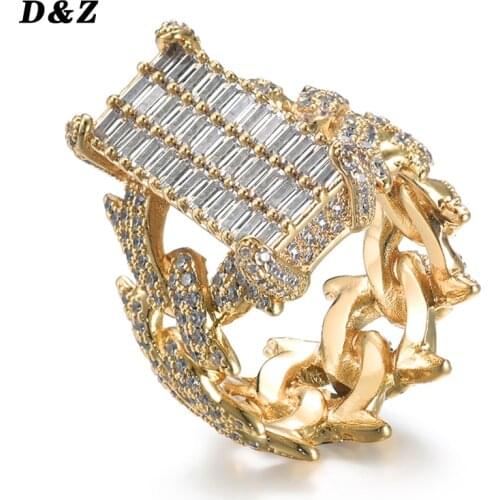 D&Z Cuban Link Chain Ring Mens Hip Hop Gold Color Iced Out Cubic Zircon Jewelry Rings 8 9 10 11 Five Size