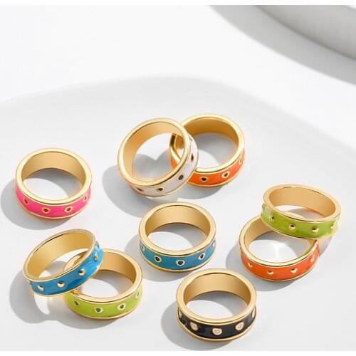 New Trendy Korean Wide Round Colorful Enamel Ring for Women Dripping Oil Splice Color Metal Stacking Rings Couple Jewelry