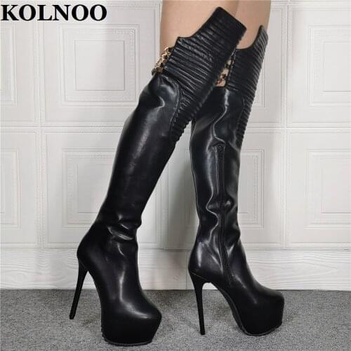 Kolnoo New Style Real Photos Womens High Heel Boots Chains-Deco Sexy Night-Club Party Over Knee Boots Fashion Black Winter Shoes