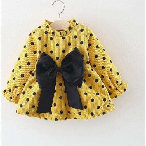 Toddler Baby Girls Clothes Polka Dot bow round neck kids autumn lovely Long Sleeve casual Tulle cotton Dresses one pieces