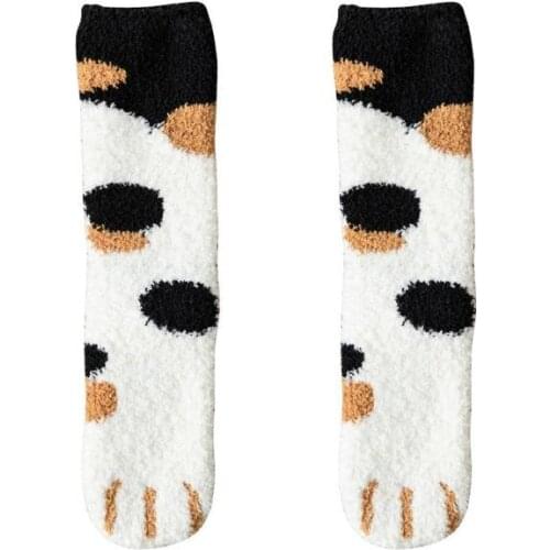 Autumn and winter coral fleece socks female mid-tube cat paw plus fleece thickening warm half fleece floor pile pile socks