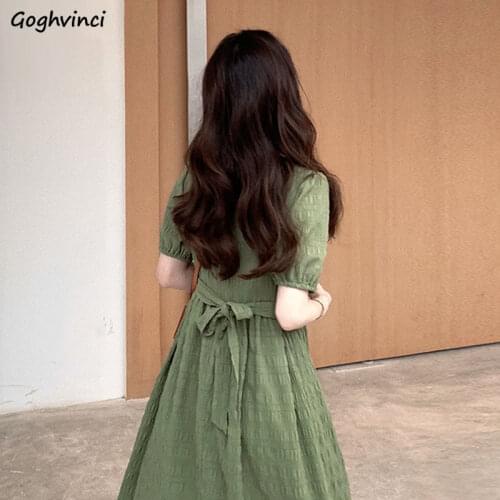 Short Puff Sleeve Dress Women Pleated Solid Midi Drawstring Preppy Style Vintage Girls All-match Fashion Elegant Streetwear Chic
