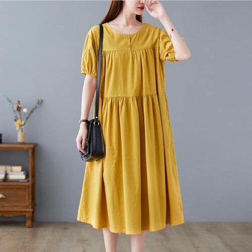 Patchwork Solid Color Korea Style Fashion Women Casual Dress Cotton Linen Short Sleeve Loose Summer Dress Lady Office Work Dress