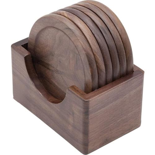 New Black Walnut Drink Coasters Natural Placemat Insulation Pads for Home& Office Coasters Set with Holder Set of 7