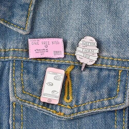 Pink Cartoon Collection Cotton Candy Sweeter Than You Free Kiss Ticket Message Badge Enamel Brooches Lapel Pins Gift For Lover