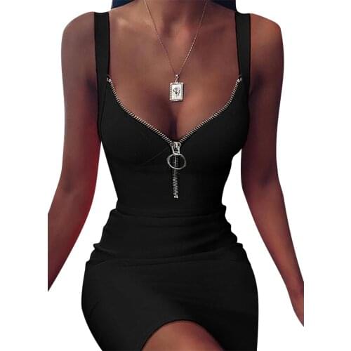 Sexy V-Neck Mini Dress Women Summer Sleeveless Slim Party Dresses Zipper Skinny Bodycon Sundress Ladies Vestidos Black Clubwear