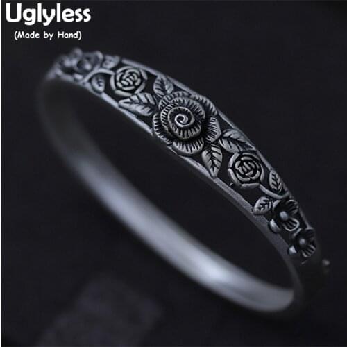 Uglyless Real S990 Silver Fine Jewelry for Women Carved Rose Flower Openable Bangles Hollow Ethnic Bangle Handmade Floral Bijoux