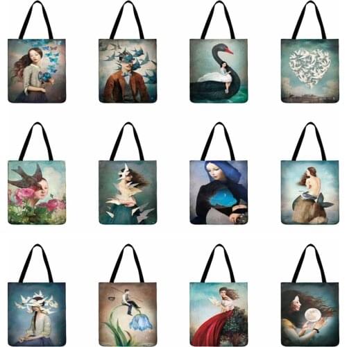 Ladies Shoulder Bag Scandinavian Dreamland Printed Tote Bag Casual Totes Linen Fabric Bag Fashion Foldable Shopping Bag