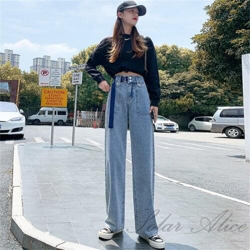 Free Shipping 2020 Womens Autumn New High Waist Double Buckle Straigh Blue Jeans Girls Fashion Wide Leg Casual Pants