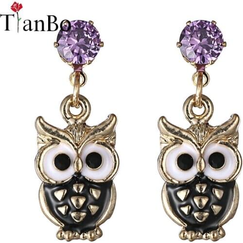 TianBo Brand Jewelry Black Owl Crystal Stud Earrings For Women Vintage Gold-Color Animal Statement Earrings Brincos