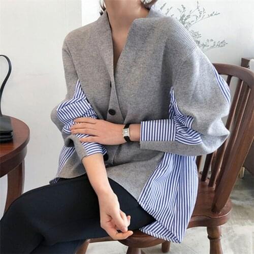 Mazefeng New 2020 Autumn Womens Sweaters Patchwork Srtiped Knitting Ladies V-Neck Cardigans Casual Single Breasted Loose Tops
