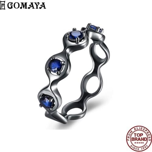 GOMAYA Blue Zirconia Womens Rings Round Circle Hollow Black Gun Color Ring Classic Wedding Anniversary Hot Sale Fashion Jewelry