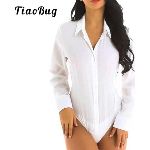 Women Long Sleeve Button Down Dance Leotard One-Piece Work Bodysuit Shirts
