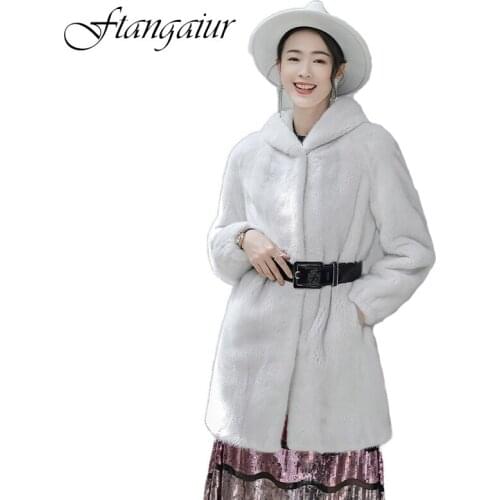 Ftangaiur 2021 Winter Import Velvet Mink Fur Coat With Fur Hood Loss Soft Natural Fur Coat Women Medium Real Mink Fur Coats