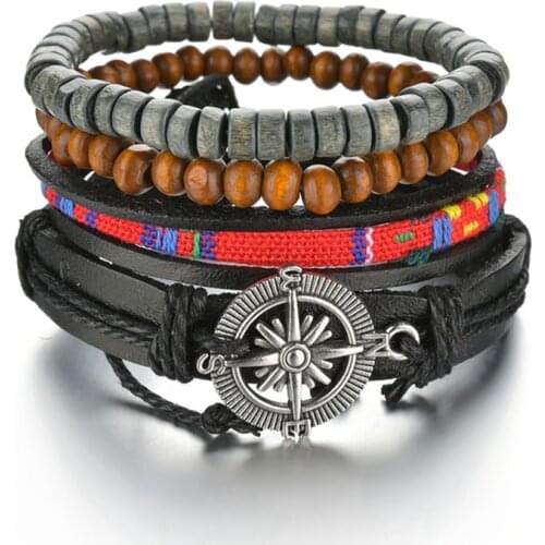 2021 Fashion Braided Wrap Leather Bracelets for Men Vintage Life Tree Rudder Charm Wood Beads Ethnic Tribal Wristbands