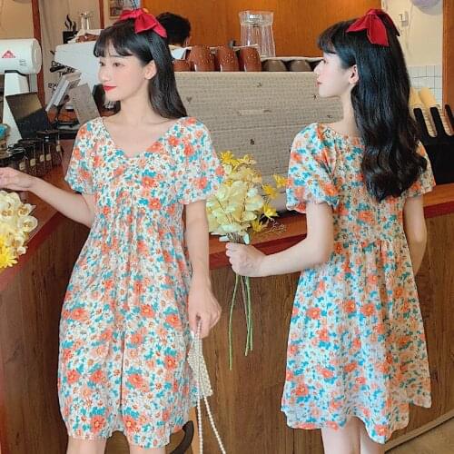 7835# Maternity Clothes Summer Short Sleeves Floral French Easy Matching Loose Stylish Dress Pregnant Women Pregnancy Clothes