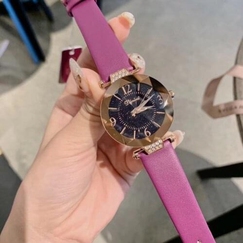 Fashion Faceted Star Crystal Watches for Women Beautiful Candy Colors Real Leather Wrist watch Quartz Waterproof Students Watch