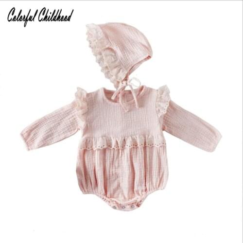 Adorable little girls romper cotton long sleeve infant kids jumpsuit toddler baby lace outfits 0-24m children clothes+hat