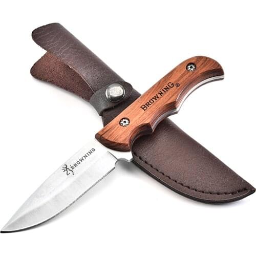 DuoClang Camping 440C Stainless Steel Straight Knives Rosewood Handle Outdoor Survival Knife Leather Sheath